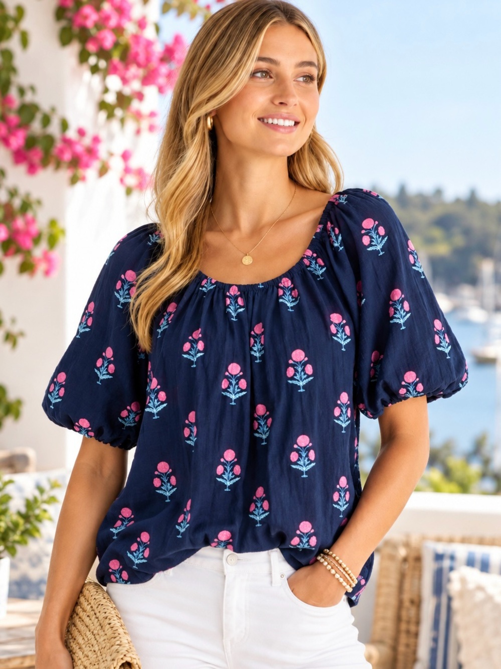 NWT Johnnie-O ‘Collett’ Peasant Style Blouse in “Malibu Navy Floral” Size Medium